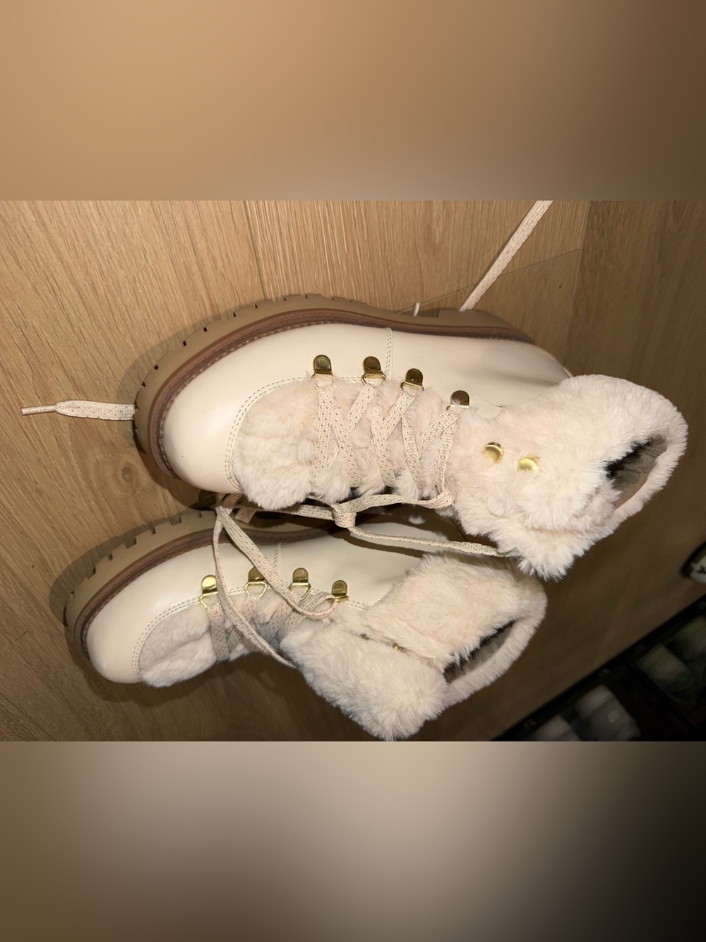 Sam Edelman Cream Faux-Fur Lace-Up Winter Boots